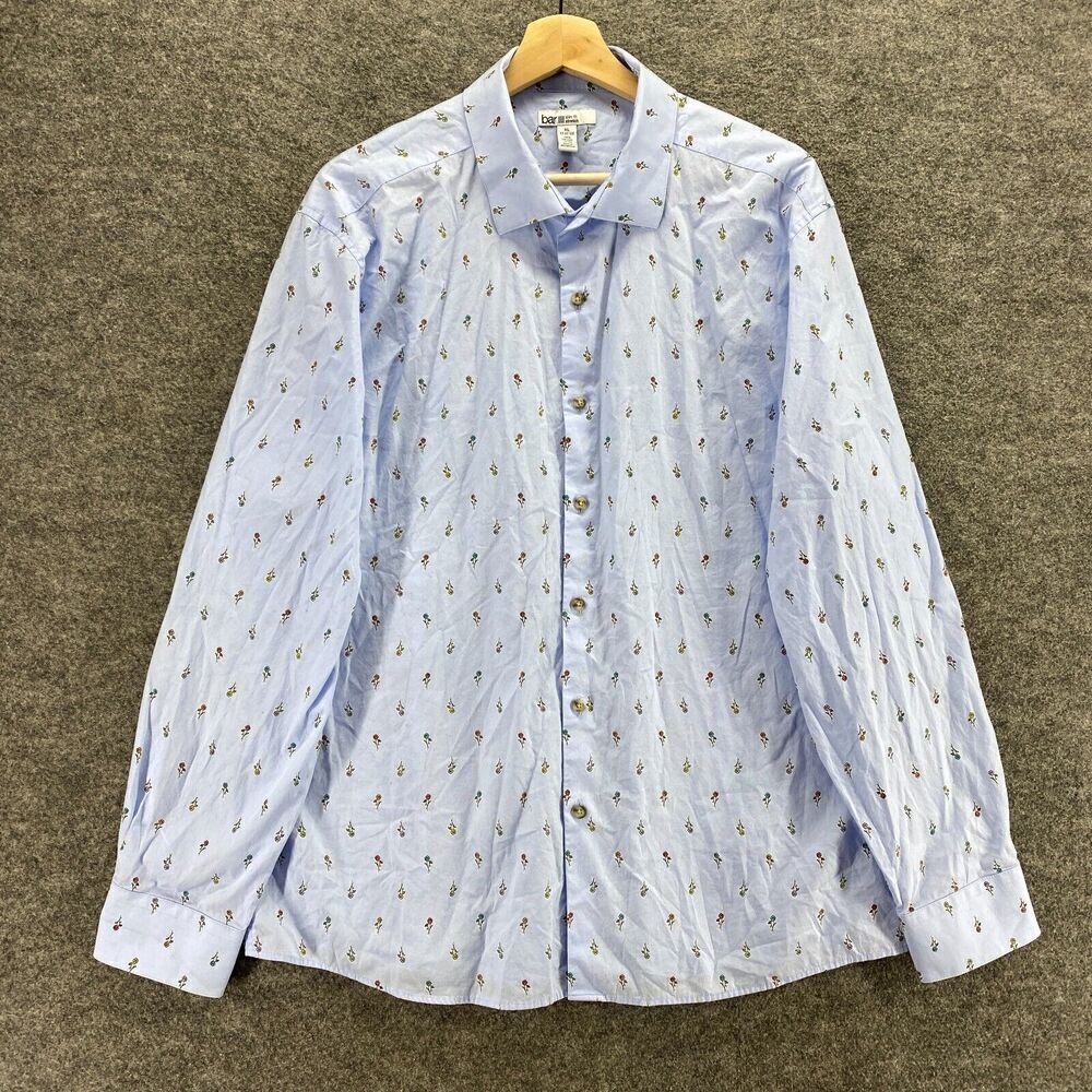 Bar III Shirt Women XL Blue Floral Button Up Collared Stretch Slim Long Sleeve